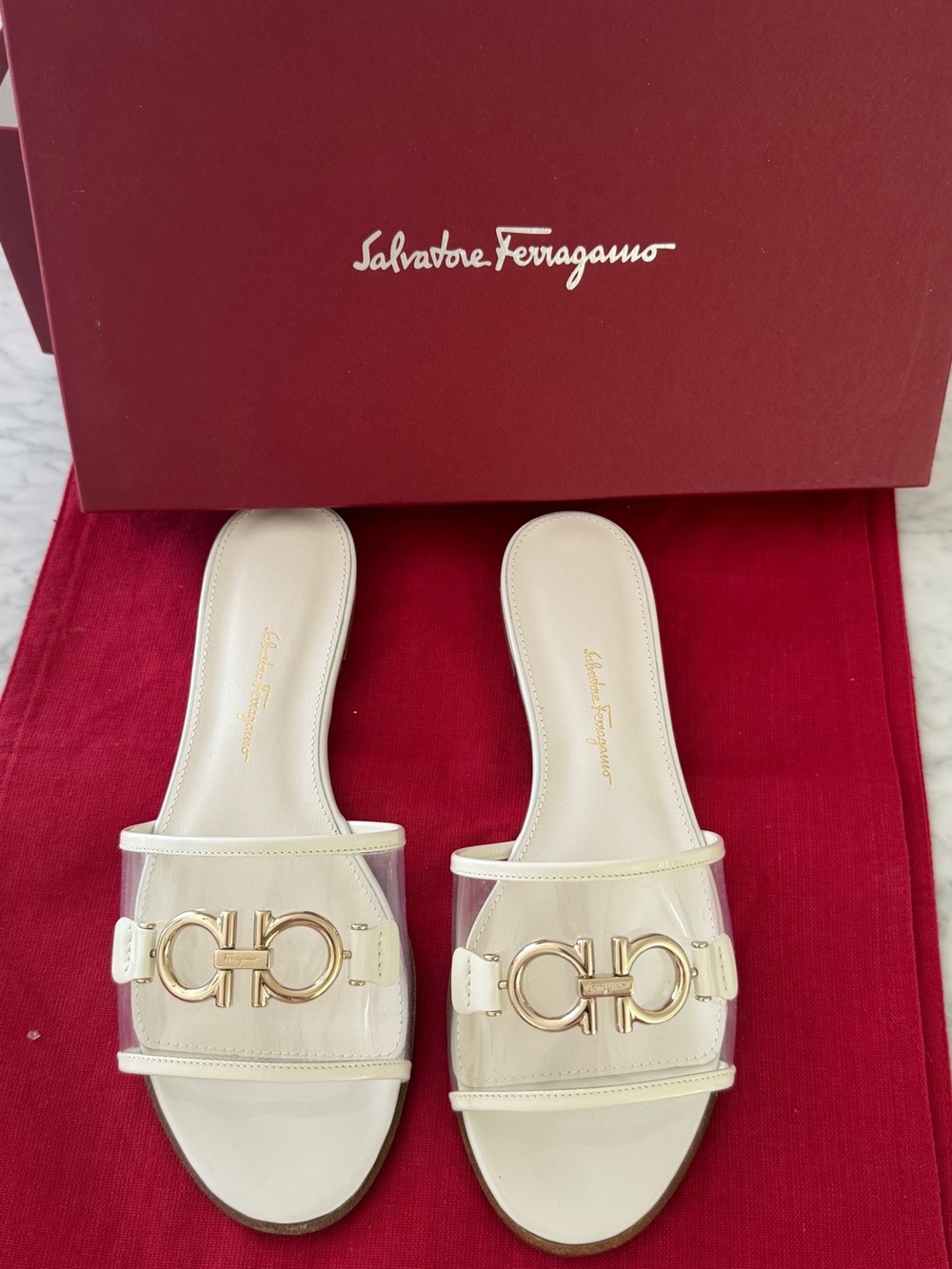 Salvatore Ferragamo Cream and Clear Vara Gancini Slide Mules